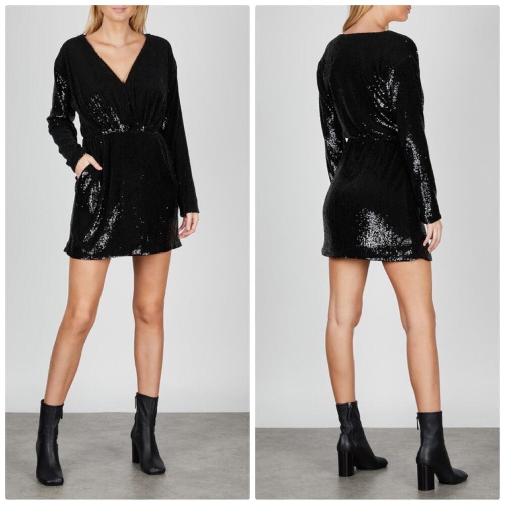 Anine Bing Elena Sequin Mid Light Black longโ sleeve Dress Size Medium NEW